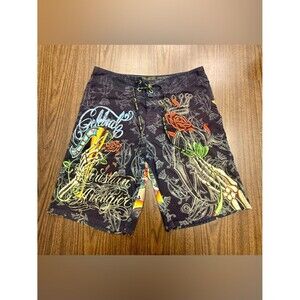 Christian Audigier Ed Hardy Board Shorts with Multicolor Graphics Y2K
